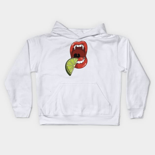 Mouth with vampire teeth about to take a bite into slice of lime Kids Hoodie by Fruit Tee